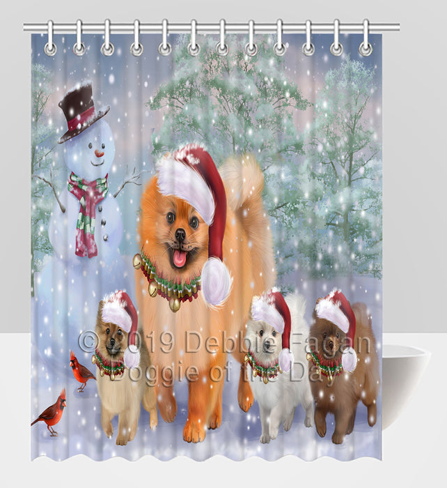 Christmas Running Fammily Pomeranian Dogs Shower Curtain