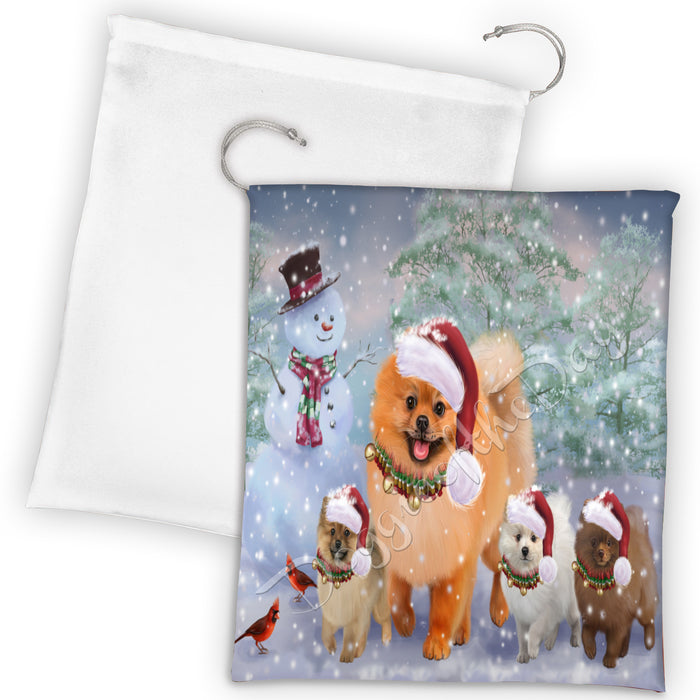 Christmas Running Fammily Pomeranian Dogs Drawstring Laundry or Gift Bag LGB48242