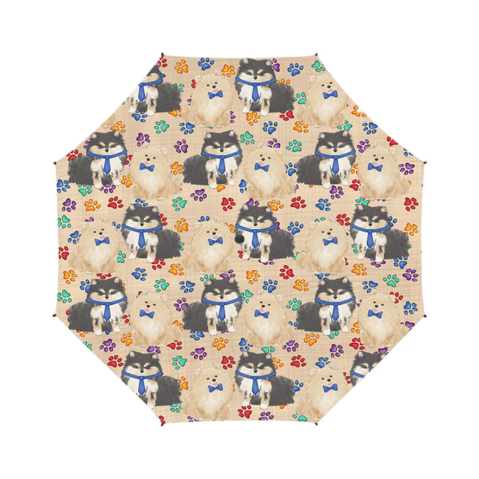 Rainbow Paw Print Pomeranian Dogs Blue Semi-Automatic Foldable Umbrella