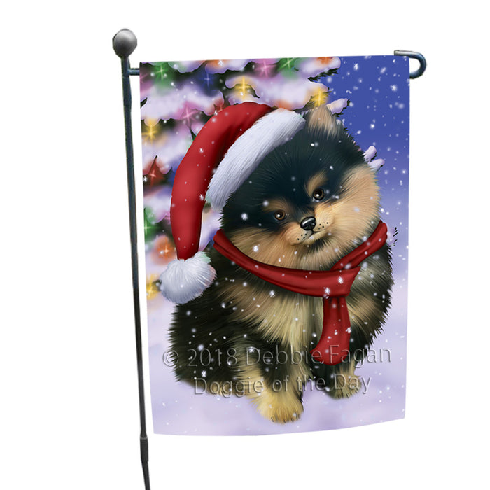 Winterland Wonderland Pomeranian Dog In Christmas Holiday Scenic Background  Garden Flag GFLG53469