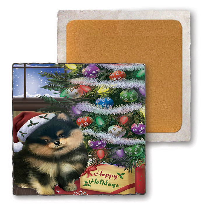 Christmas Happy Holidays Pomeranian Dog with Tree and Presents Set of 4 Natural Stone Marble Tile Coasters MCST48846