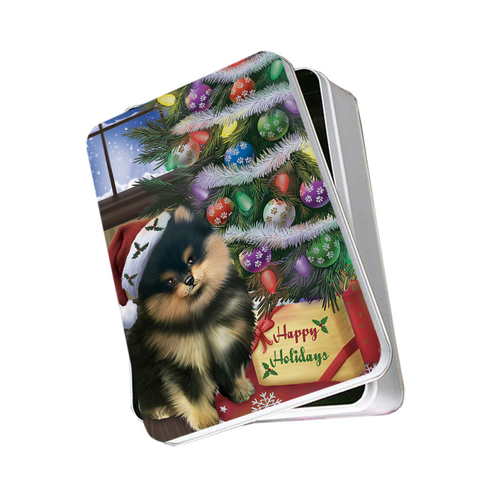 Christmas Happy Holidays Pomeranian Dog with Tree and Presents Photo Storage Tin PITN53789