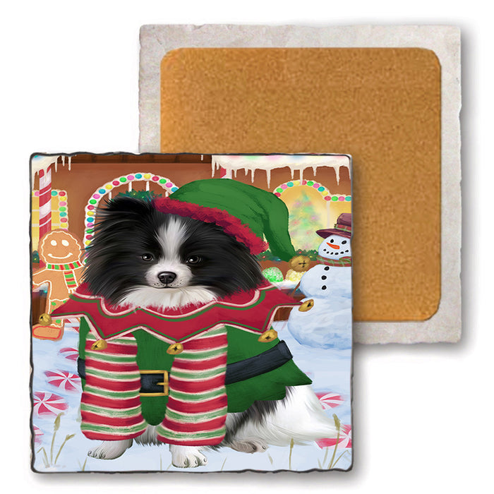 Christmas Gingerbread House Candyfest Pomeranian Dog Set of 4 Natural Stone Marble Tile Coasters MCST51478