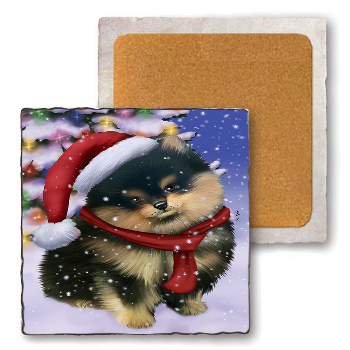 Winterland Wonderland Pomeranian Dog In Christmas Holiday Scenic Background  Set of 4 Natural Stone Marble Tile Coasters MCST48407