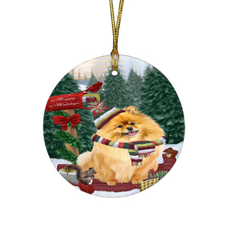 Merry Christmas Woodland Sled Pomeranian Dog Round Flat Christmas Ornament RFPOR55350