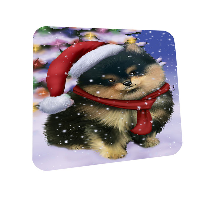 Winterland Wonderland Pomeranian Dog In Christmas Holiday Scenic Background  Coasters Set of 4 CST53365