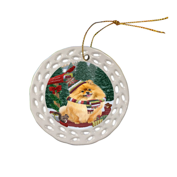 Merry Christmas Woodland Sled Pomeranian Dog Ceramic Doily Ornament DPOR55350