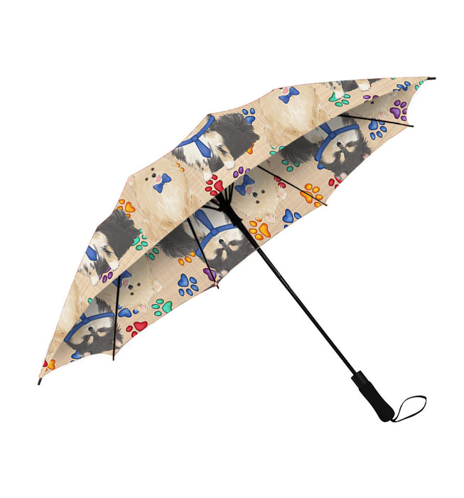 Rainbow Paw Print Pomeranian Dogs Blue Semi-Automatic Foldable Umbrella