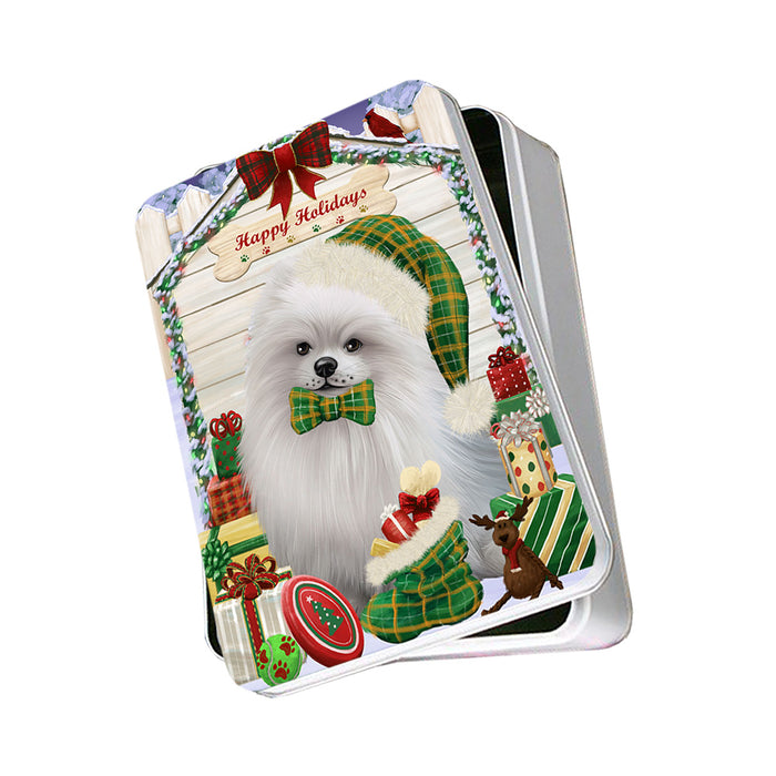 Happy Holidays Christmas Pomeranian Dog House With Presents Photo Storage Tin PITN52172