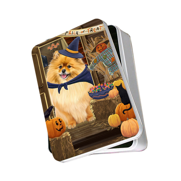 Enter at Own Risk Trick or Treat Halloween Pomeranian Dog Photo Storage Tin PITN53219