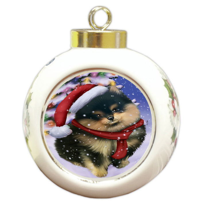 Winterland Wonderland Pomeranian Dog In Christmas Holiday Scenic Background  Round Ball Christmas Ornament RBPOR53407