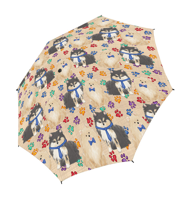 Rainbow Paw Print Pomeranian Dogs Blue Semi-Automatic Foldable Umbrella