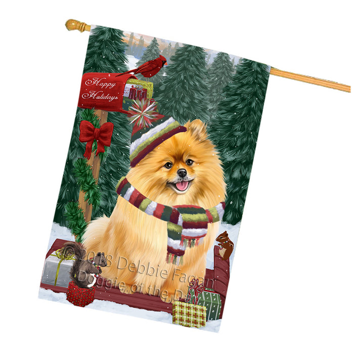 Merry Christmas Woodland Sled Pomeranian Dog House Flag FLG55423