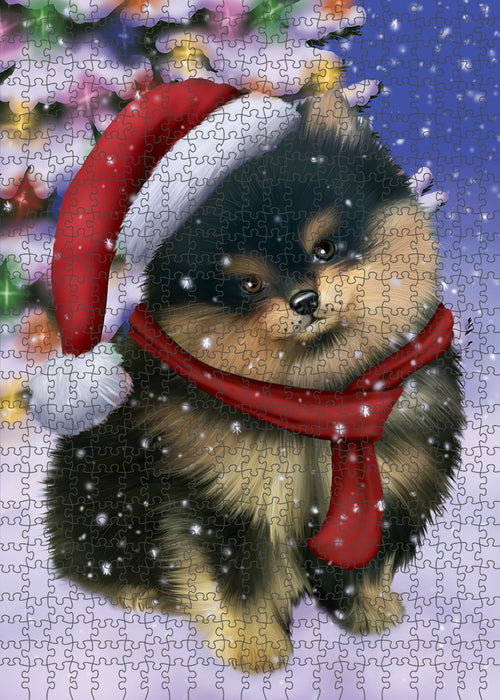 Winterland Wonderland Pomeranian Dog In Christmas Holiday Scenic Background Puzzle with Photo Tin PUZL80784