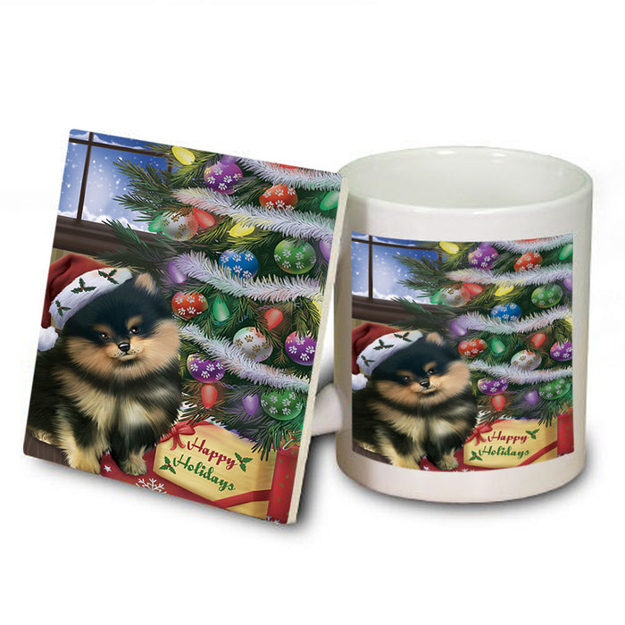 Christmas Happy Holidays Pomeranian Dog with Tree and Presents Mug and Coaster Set MUC53838