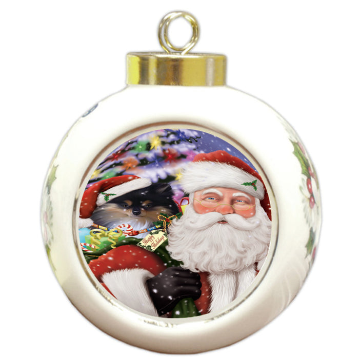 Santa Carrying Pomeranian Dog and Christmas Presents Round Ball Christmas Ornament RBPOR54004