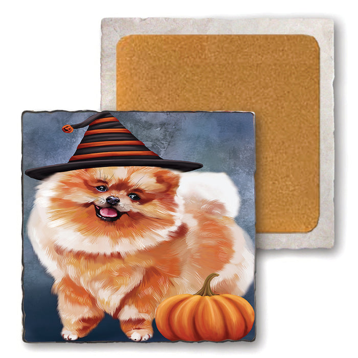 Happy Halloween Pomeranian Dog Wearing Witch Hat with Pumpkin Set of 4 Natural Stone Marble Tile Coasters MCST49988