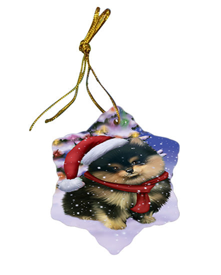 Winterland Wonderland Pomeranian Dog In Christmas Holiday Scenic Background  Star Porcelain Ornament SPOR53398