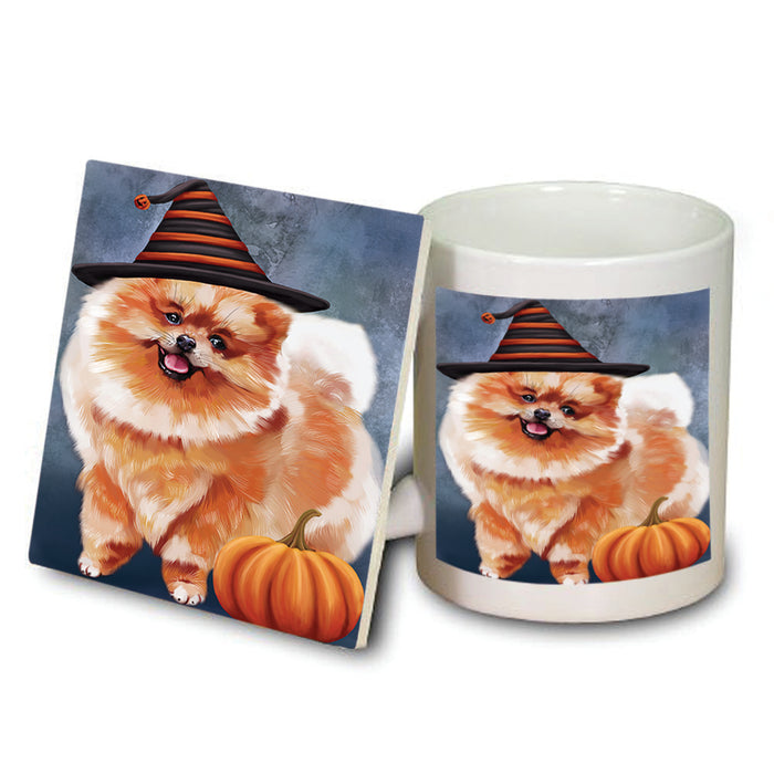 Happy Halloween Pomeranian Dog Wearing Witch Hat with Pumpkin Mug and Coaster Set MUC54980