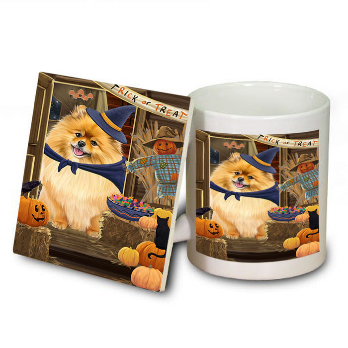 Enter at Own Risk Trick or Treat Halloween Pomeranian Dog Mug and Coaster Set MUC53211