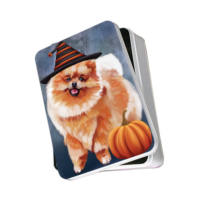 Happy Halloween Pomeranian Dog Wearing Witch Hat with Pumpkin Photo Storage Tin PITN54931