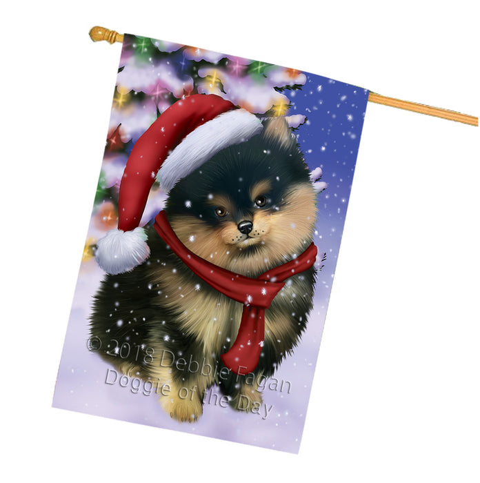 Winterland Wonderland Pomeranian Dog In Christmas Holiday Scenic Background  House Flag FLG53605