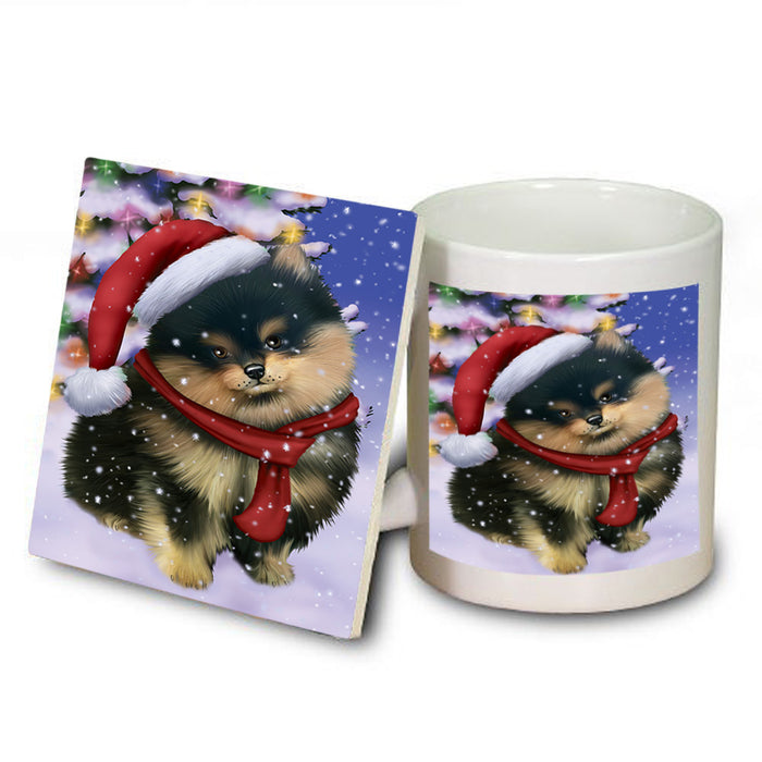 Winterland Wonderland Pomeranian Dog In Christmas Holiday Scenic Background  Mug and Coaster Set MUC53399