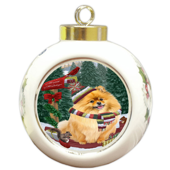 Merry Christmas Woodland Sled Pomeranian Dog Round Ball Christmas Ornament RBPOR55350