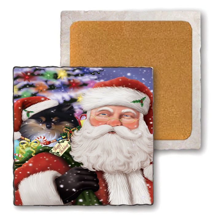 Santa Carrying Pomeranian Dog and Christmas Presents Set of 4 Natural Stone Marble Tile Coasters MCST49004