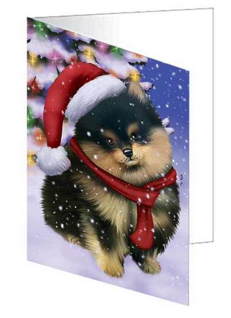 Winterland Wonderland Pomeranian Dog In Christmas Holiday Scenic Background  Handmade Artwork Assorted Pets Greeting Cards and Note Cards with Envelopes for All Occasions and Holiday Seasons GCD64250