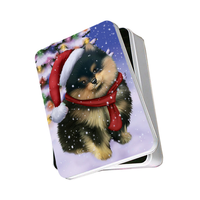 Winterland Wonderland Pomeranian Dog In Christmas Holiday Scenic Background Photo Storage Tin PITN53407