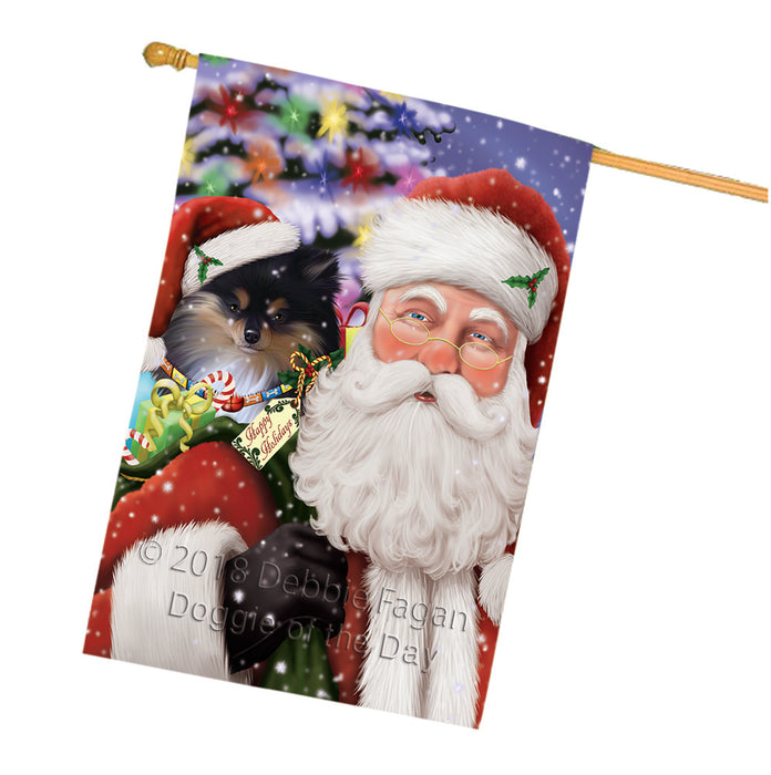 Santa Carrying Pomeranian Dog and Christmas Presents House Flag FLG54202