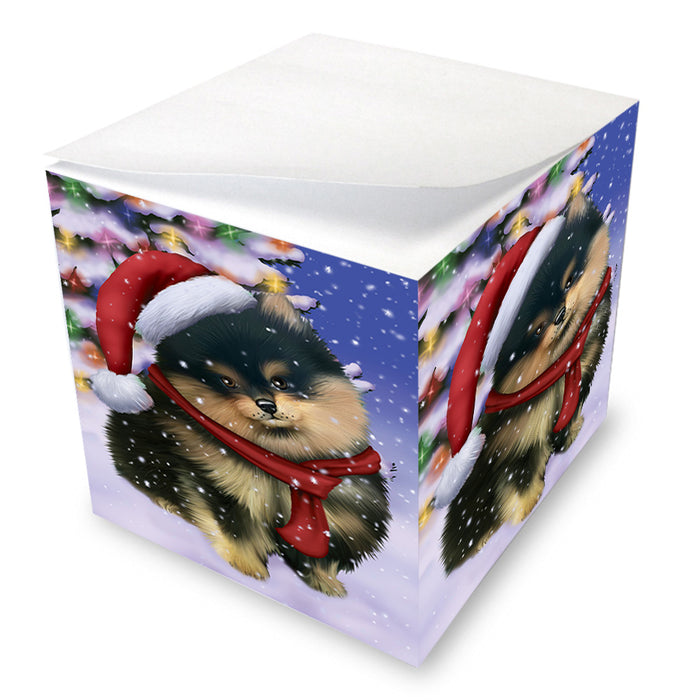 Winterland Wonderland Pomeranian Dog In Christmas Holiday Scenic Background Note Cube NOC53407