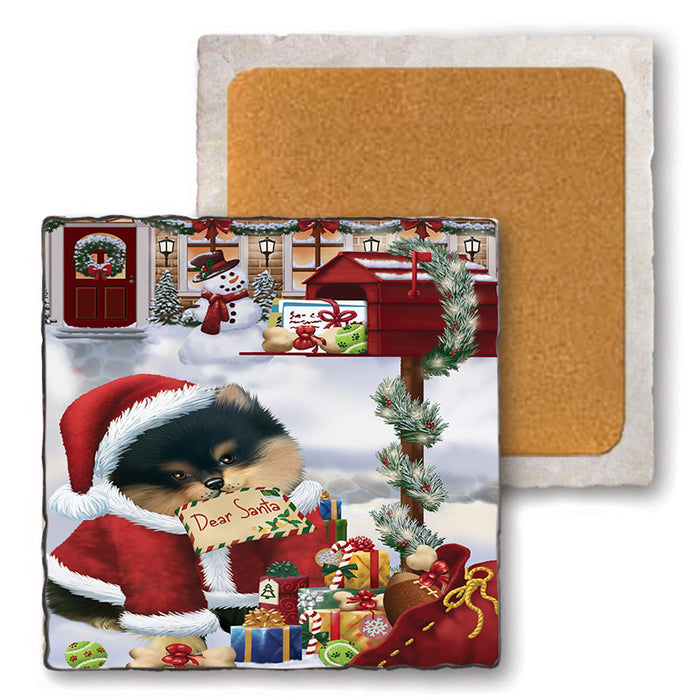 Pomeranian Dog Dear Santa Letter Christmas Holiday Mailbox Set of 4 Natural Stone Marble Tile Coasters MCST48915