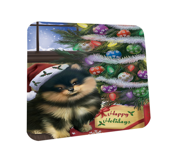 Christmas Happy Holidays Pomeranian Dog with Tree and Presents Coasters Set of 4 CST53804