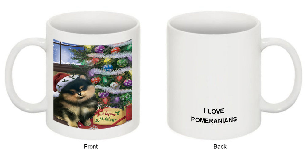 Christmas Happy Holidays Pomeranian Dog with Tree and Presents Coffee Mug MUG49244