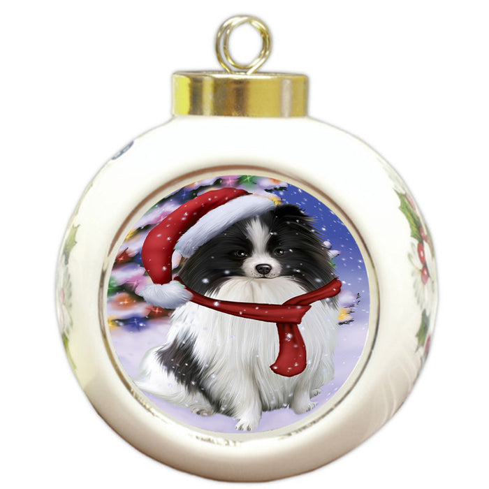 Winterland Wonderland Pomeranian Dog In Christmas Holiday Scenic Background  Round Ball Christmas Ornament RBPOR53408