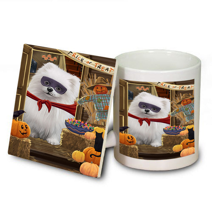 Enter at Own Risk Trick or Treat Halloween Pomeranian Dog Mug and Coaster Set MUC53212