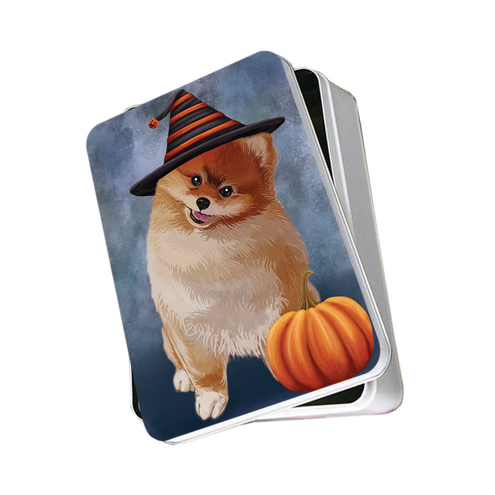 Happy Halloween Pomeranian Dog Wearing Witch Hat with Pumpkin Photo Storage Tin PITN54932