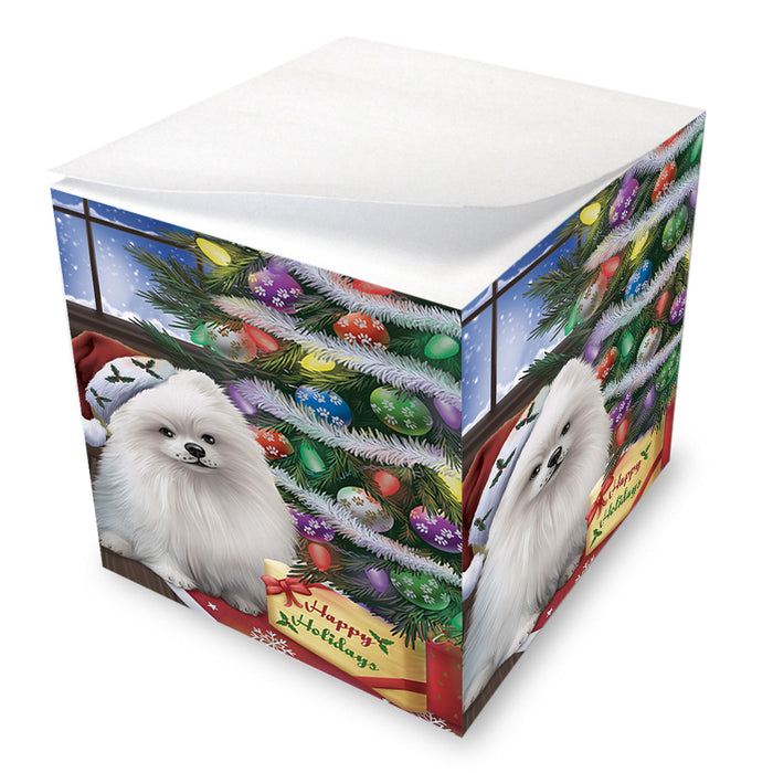 Christmas Happy Holidays Pomeranian Dog with Tree and Presents Note Cube NOC55493