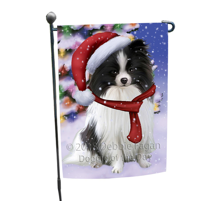 Winterland Wonderland Pomeranian Dog In Christmas Holiday Scenic Background  Garden Flag GFLG53470