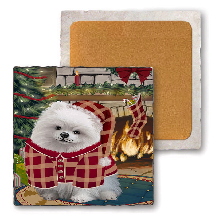 The Stocking was Hung Pomeranian Dog Set of 4 Natural Stone Marble Tile Coasters MCST50563