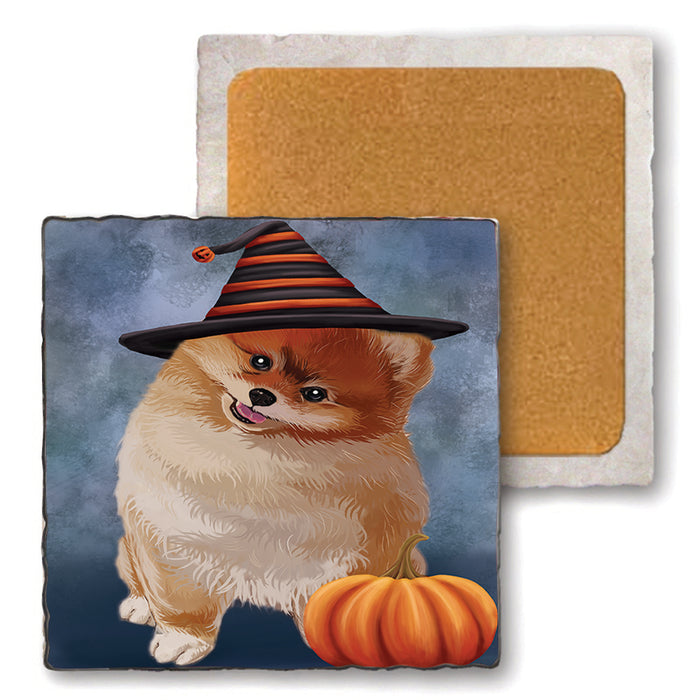 Happy Halloween Pomeranian Dog Wearing Witch Hat with Pumpkin Set of 4 Natural Stone Marble Tile Coasters MCST49989