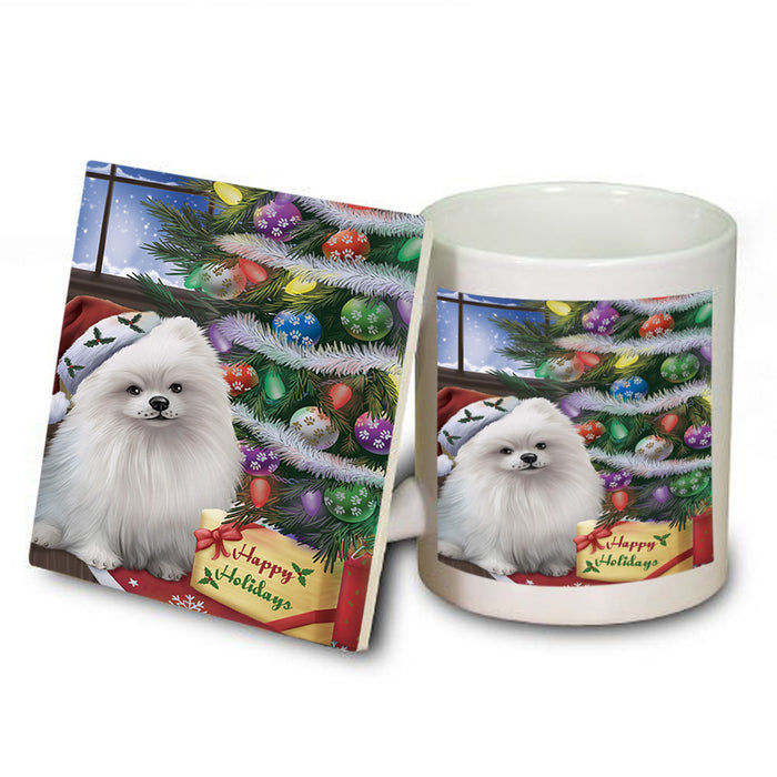 Christmas Happy Holidays Pomeranian Dog with Tree and Presents Mug and Coaster Set MUC53839