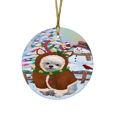 Christmas Gingerbread House Candyfest Pomeranian Dog Round Flat Christmas Ornament RFPOR56835
