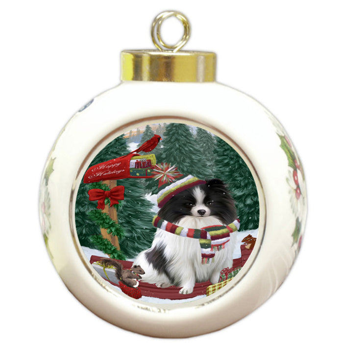 Merry Christmas Woodland Sled Pomeranian Dog Round Ball Christmas Ornament RBPOR55351