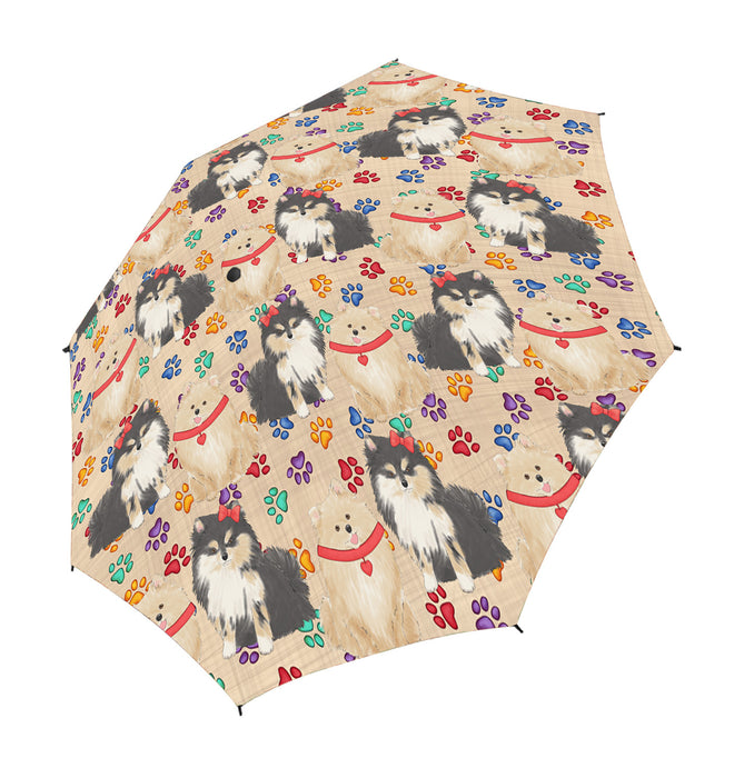 Rainbow Paw Print Pomeranian Dogs Red Semi-Automatic Foldable Umbrella