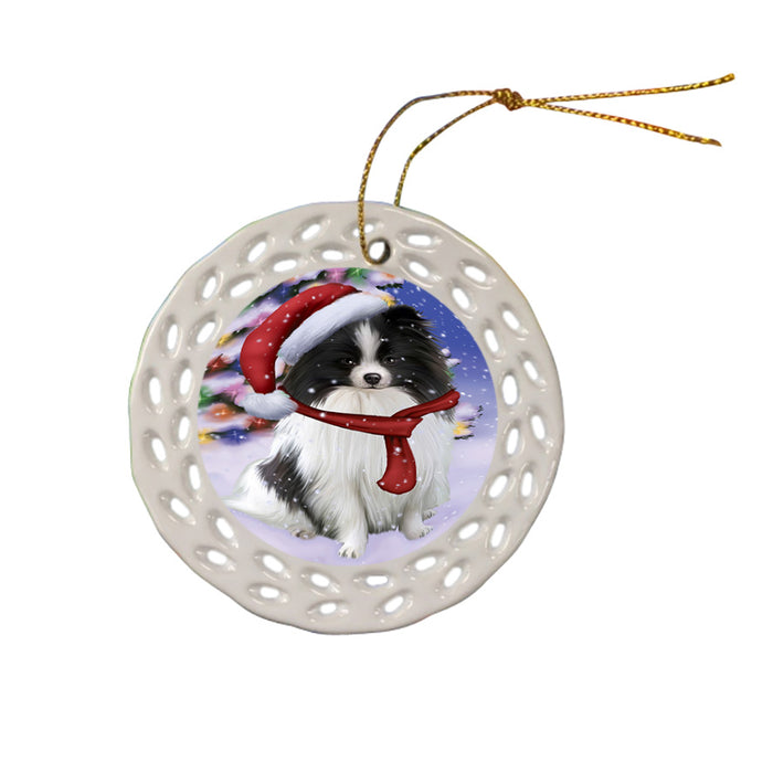 Winterland Wonderland Pomeranian Dog In Christmas Holiday Scenic Background  Ceramic Doily Ornament DPOR53408