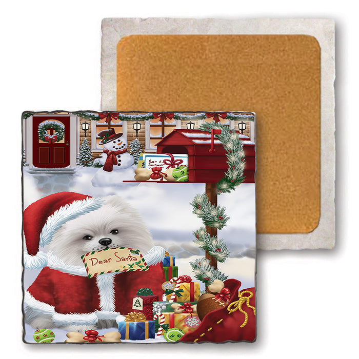 Pomeranian Dog Dear Santa Letter Christmas Holiday Mailbox Set of 4 Natural Stone Marble Tile Coasters MCST48916