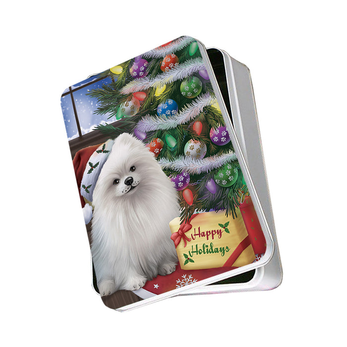Christmas Happy Holidays Pomeranian Dog with Tree and Presents Photo Storage Tin PITN53790